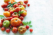 Freshly harvested tomatoes and basil on a rustic table