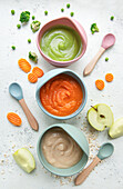 Healthy baby food in bowls
