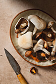 Variety of fresh mushrooms in a ceramic bowl with a knife