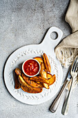 Top view of savoury fried potatoes with tomato sauce