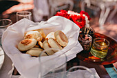 Traditional Moroccan tea and bread served on a sunny day