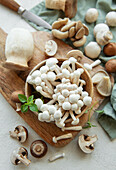 Assortment of different raw mushrooms on a grey concrete background
