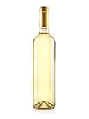 Single bottle of white wine with golden cap on white background