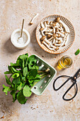 Top view of fresh ingredients for autumn recipes on marble