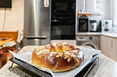 Freshly baked Epiphany cake in a modern domestic kitchen