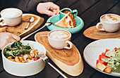 Extensive breakfast buffet with salad and coffee in a cafe