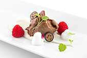 Elegant dessert with chocolate mousse and fresh fruit