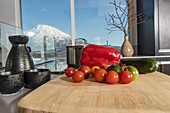 Modern cuisine with fresh vegetables and a view of Mount Yotei