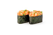 Two pieces of salmon gunkan maki on a white background