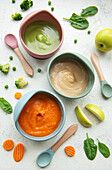 Healthy baby food in bowls