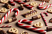 Various Christmas sweets such as candy canes and biscuits