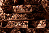 Close-up of a nougat bar made from chocolate and puffed rice