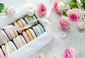 Colourful macaroons in a gift box and roses