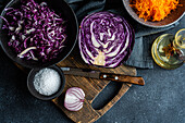 Preparation of a colorful vegetable salad with raw ingredients