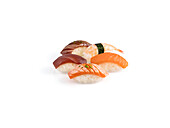 Various types of nigiri displayed on a white background