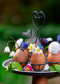 Kleine Sträuße aus Narzissen, Traubenhyazinthen, Frühlingsknotenblume in Eierschalen als Vase