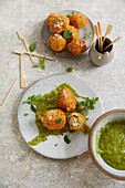 Stuffed, baked green olives with green arrabiata