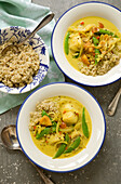 Goan fish curry with quinoa and mangetout
