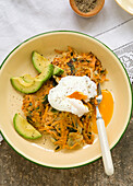 Sweet potato hash with avocado and poached egg