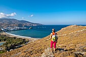 Greece, Cyclades archipelago, Andros island, hike number 3 between Chora and Ormos Korthi, view over Chora and Paraporti beach