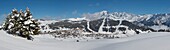 France, Savoy, Massif of Beaufortain, the resort of Col des Saisies, panoramic view of the Bisanne area, the resort and Mont Blanc massif