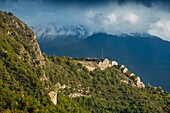 France, Isere, Grenoble city, Bastille and Belledonne mountains at the back (aerial shot)