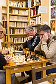 France, Indre et Loire, Montlouis sur Loire, le Conciliabule, associative bar, cafe bookstore, chess players