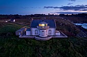 France, Finistere, Bay of Douarnenez, Cap Sizun, Pointe du Millier, The Millier lighthouse at dusk, Great National Location (aerial view)