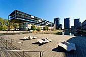 France, Bas Rhin, Strasbourg, development of port du Rhin (Rhine's harbour) and conversion of breakwater of Bassin d'Austerlitz, rehabilitation of the Seegmuller warehouse in offices, shops and accommodation by the agency Heintz-Kehr Architects and the 3 Black Swans tower of architect Anne Demians