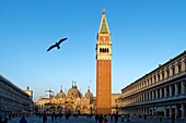 Italien, Venetien, Venedig, Weltkulturerbe der UNESCO, Markusplatz, Glockenturm und Markusbasilika (Basilica di San Marco)