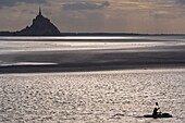 France, Manche, Vains, Mont Saint-Michel Bay listed as World Heritage by UNESCO, Abbey of Mont Saint-Michel at sunset