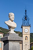 France, Alpes-de-Haute-Provence, Sisteron, bust of Paul Arena and the Clock Tower