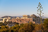 Greece, Athens, Acropolis of Athens, a UNESCO World Heritage Site, seen from the Hill of the Muses or Philopappos Hill