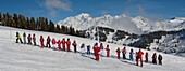 France, Savoy, Massif of Beaufortain, in the resort of Col des Saisies, panoramic view of a ski course towards the Col de la Lezette and Mont Blanc