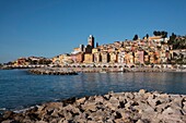 France, Maritime Alps, Menton, Sablettes Cove and the profile of the old town