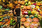 Spain, Canary Islands, Gran Canaria Island, Las Palmas de Gran Canaria, Covered Market, fruit vendor display