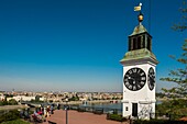 Serbia, Ba&#x10d;ka, Novi Sad, Esplanade and Clock of the Petrovaradin fortress, overlooking the Danube and the city of Novi Sad