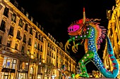 France, Nord, Lille, rue Faidherbe, exhibition of monumental sculptures of Alebrijes (Mexican folk art sculptures)