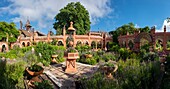 France, Haute Savoie, Rumilly, Vaulx, secret gardens, remarkable garden label, panoramic view of the spa garden, its central fountain and its arches made of lime mortar