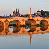 France, Loir et Cher, Loire Valley listed as World Heritage by UNESCO, Blois, Pont Jacques Gabriel, bridge over Loire river and in background, the castle and Saint Nicolas church