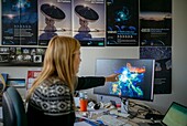 France, Isere, Saint Martin d'Heres, university field, Institute of Millimetre Radio Astronomy, astronomer showing an assembly of an optical view and a NOEMA capture of the Horse Nebula in the constellation of Orion