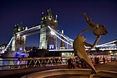 United Kingdom, London, Tower Hamlets District, Tower Bridge on the Thames, David Wynne's sculpture the girl with a dolphin and the Shard London Bridge Tower by architect Renzo Piano, the tallest tower in London