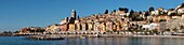 France, Maritime Alps, Menton, the Cove of Sablettes and the profile of the old town in panoramic view