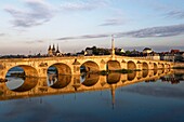 France, Loir et Cher, Loire Valley listed as World Heritage by UNESCO, Blois, Pont Jacques Gabriel, bridge over Loire river and in background, the castle and Saint Nicolas church