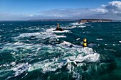 France, Finistere, Iroise Sea, Cap Sizun, Plogoff, Pointe du Raz, Great National Site, the lighthouse of La Vieille and the bacon of La Plate in the tide currents of the Raz de Sein (aerial view)