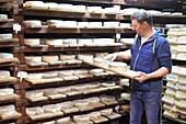 France, Oise, Gremevillers, GAEC de la Chapelle Saint-Jean, maturing cellar, Anselme Beaudoin and its raw milk tommes picard