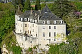 France, Lot, Lacave, the castle of Treyne, hotel of the Relais group and castles on the banks of the Dordogne (aerial view)