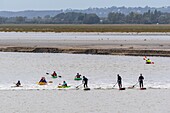 France, Manche, Vains, Pointe du Groin South, tidal bore in the channel of the rivers Sees, Bay of Mont Saint Michel listed as World Heritage of UNESCO at sunset