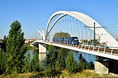 France, Bas Rhin, Strasbourg, new Beatus Renanus bridge on the Rhine river on which the tram connecting Strasbourg to Kehl circulates, A tram for Europe without borders between Strasbourg and Kehl