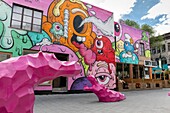 Canada, Quebec province, Montreal, the Plateau-Mont-Royal district, the new Guilbault public square, sculptures of pink hippos and mural painting by Buff Monster